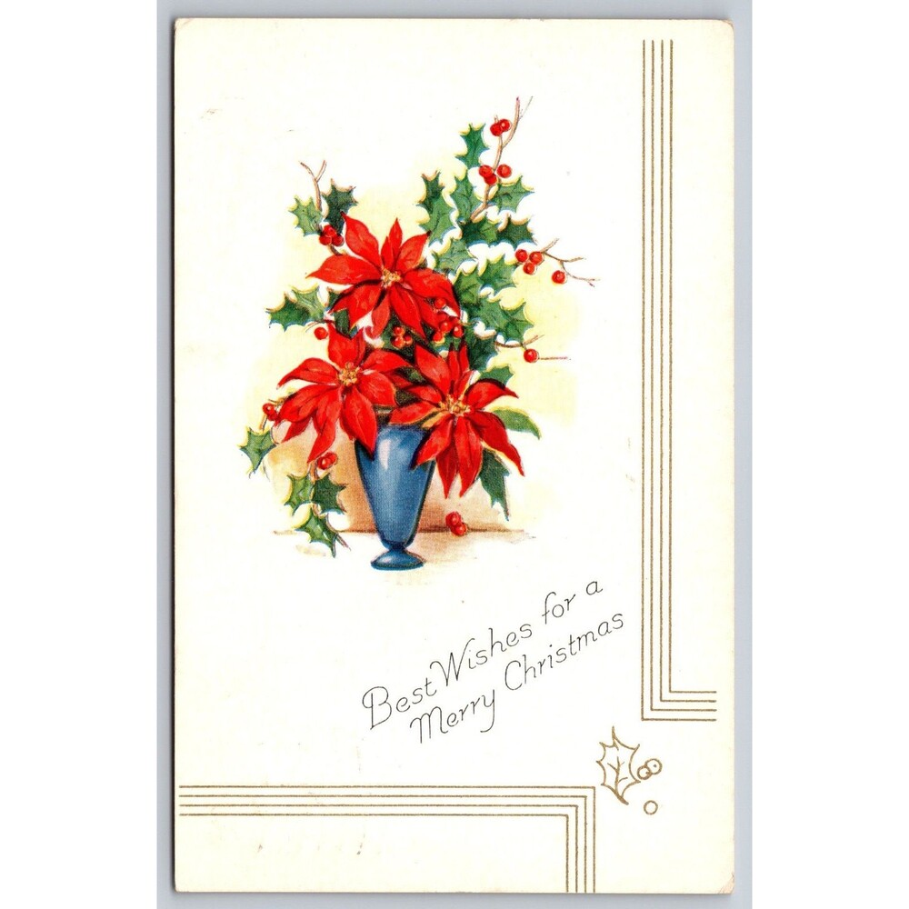 Vintage 1941 Christmas Postcard Poinsettias & Blue Vase Dec 4 Trevorton PA